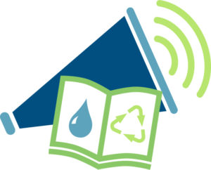 Image of megaphone with book in front of it showing water and recycling symbols